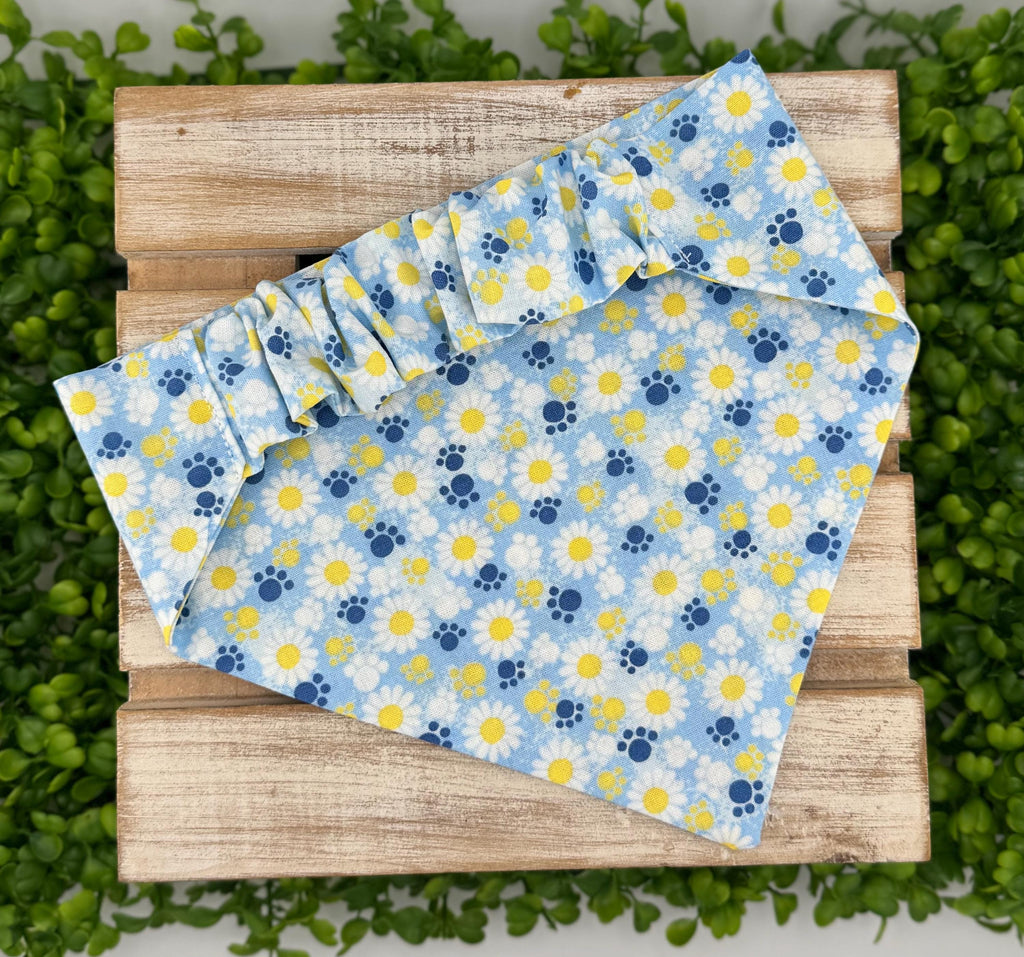 Blue Daisy Paw Print Scrunchie Dog Bandana