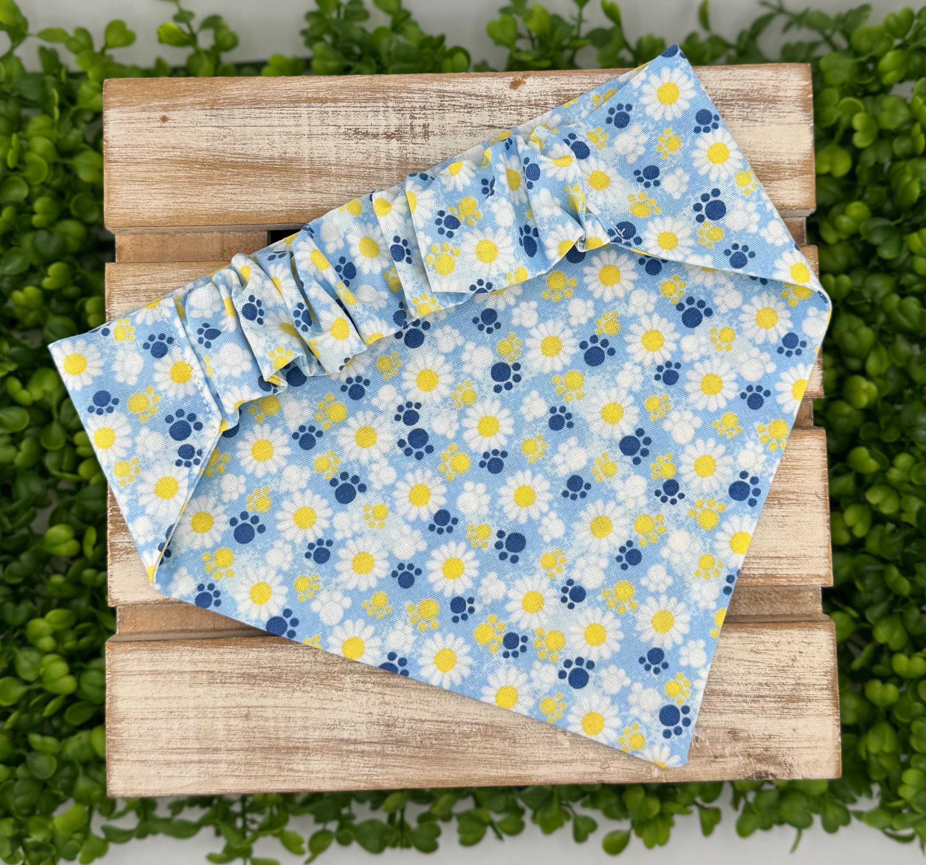 Blue Daisy Paw Print Scrunchie Dog Bandana