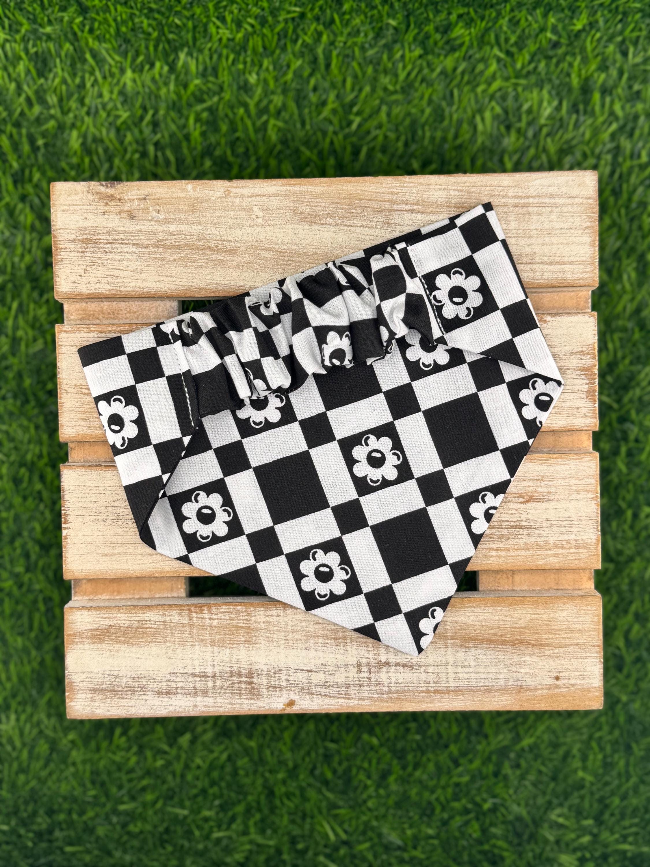 Black and White Flower Checkered Scrunchie Dog Bandana