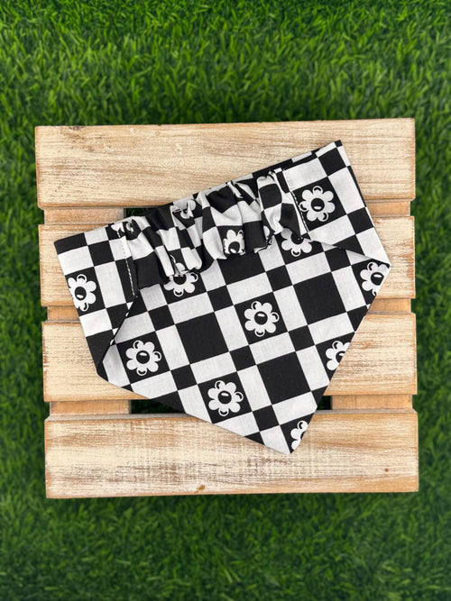 Black and White Flower Checkered Scrunchie Dog Bandana